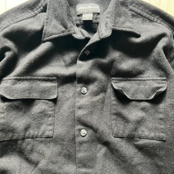 VTG Eddie Bauer 100% Wool Button Down Shirt Black Lrg Workwear Shacket Hong Kong - Picture 4 of 7